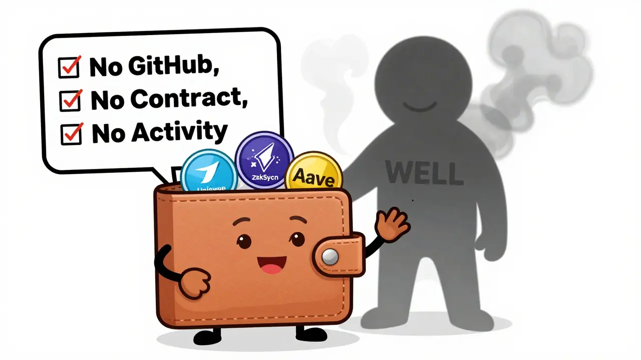 A wallet actively using real DeFi protocols while a shadowy 'WELL' figure fades into smoke.