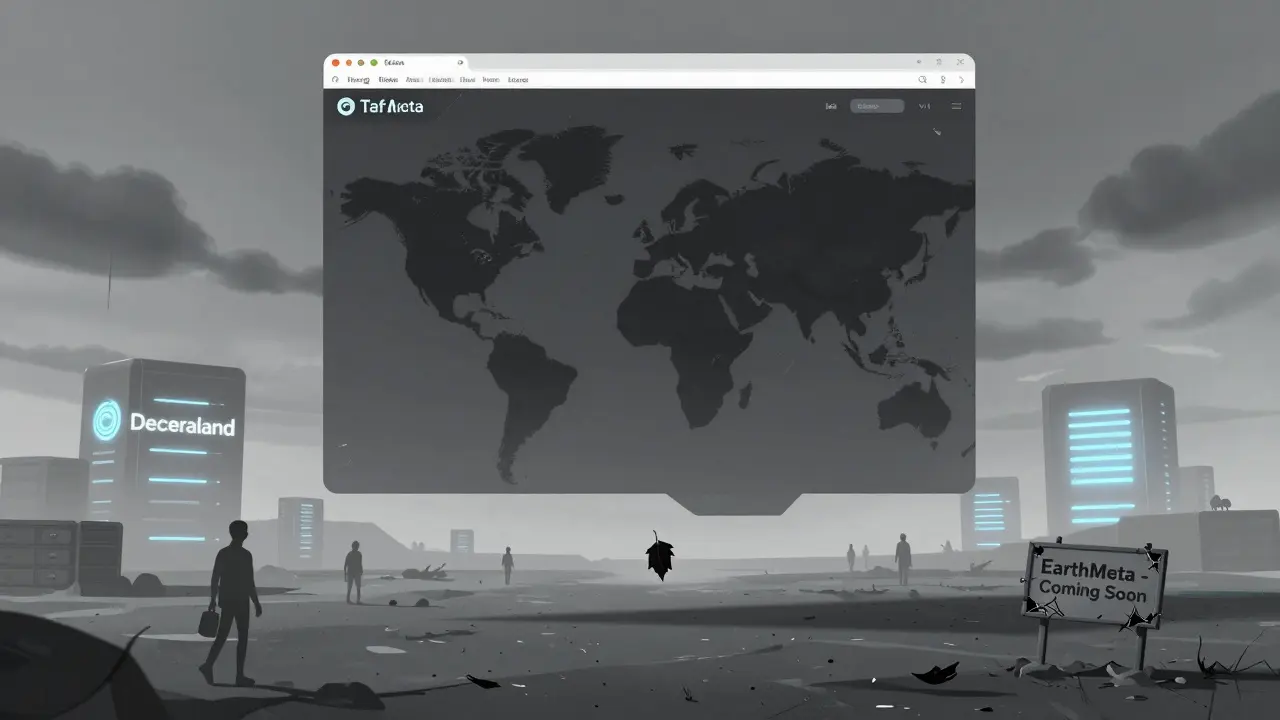 An abandoned digital EarthMeta interface with dark land parcels and ghostly users walking away.