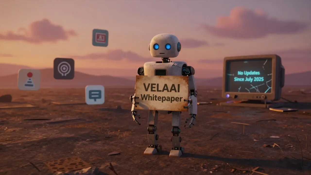 An abandoned robot holding a faded whitepaper in a digital wasteland with a 'No Updates' message on a monitor.