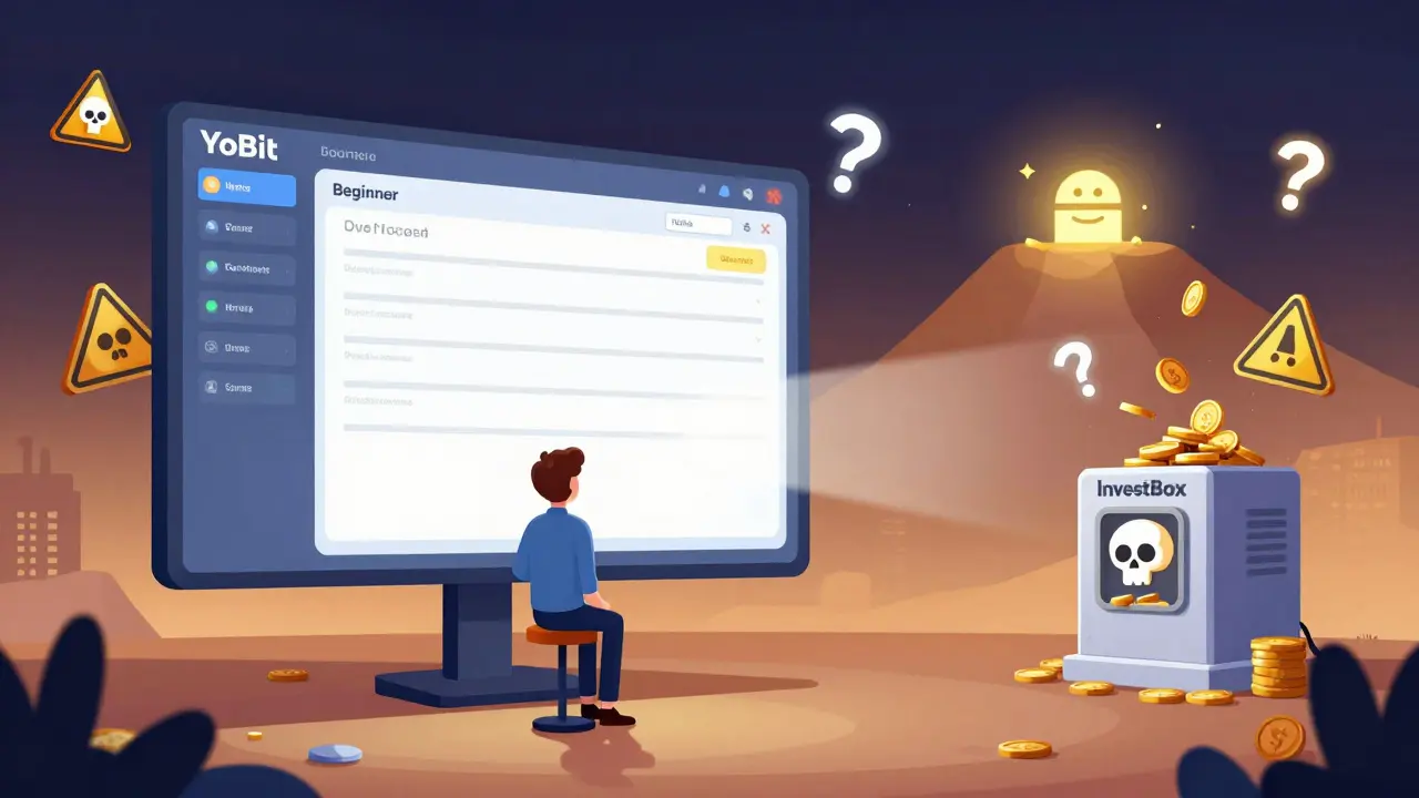 Beginner overwhelmed by YoBit's complex interface, while risky games turn coins to dust and safer exchanges glow far away.