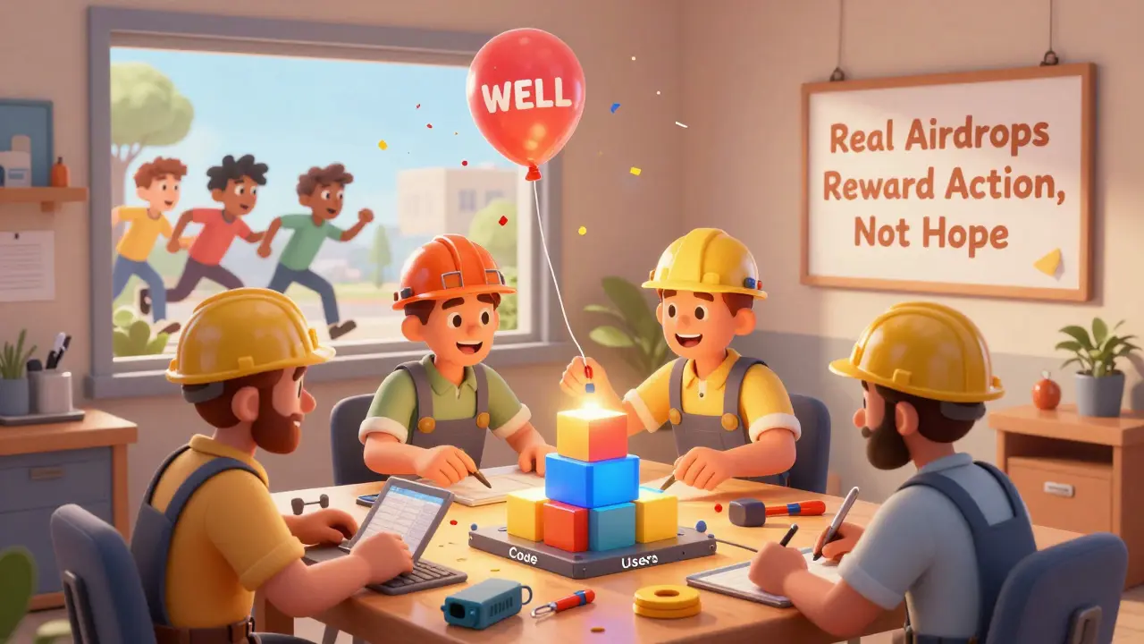 Builders assemble a real blockchain as confused users chase a popping 'WELL' balloon.