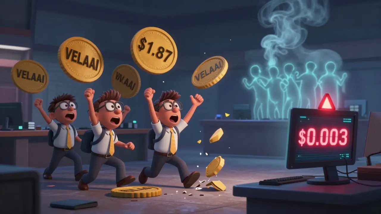 Chaotic trading floor with exploding tokens and one terminal showing a low price of <h2>Where Can You Trade VELAAI?</h2>.003.