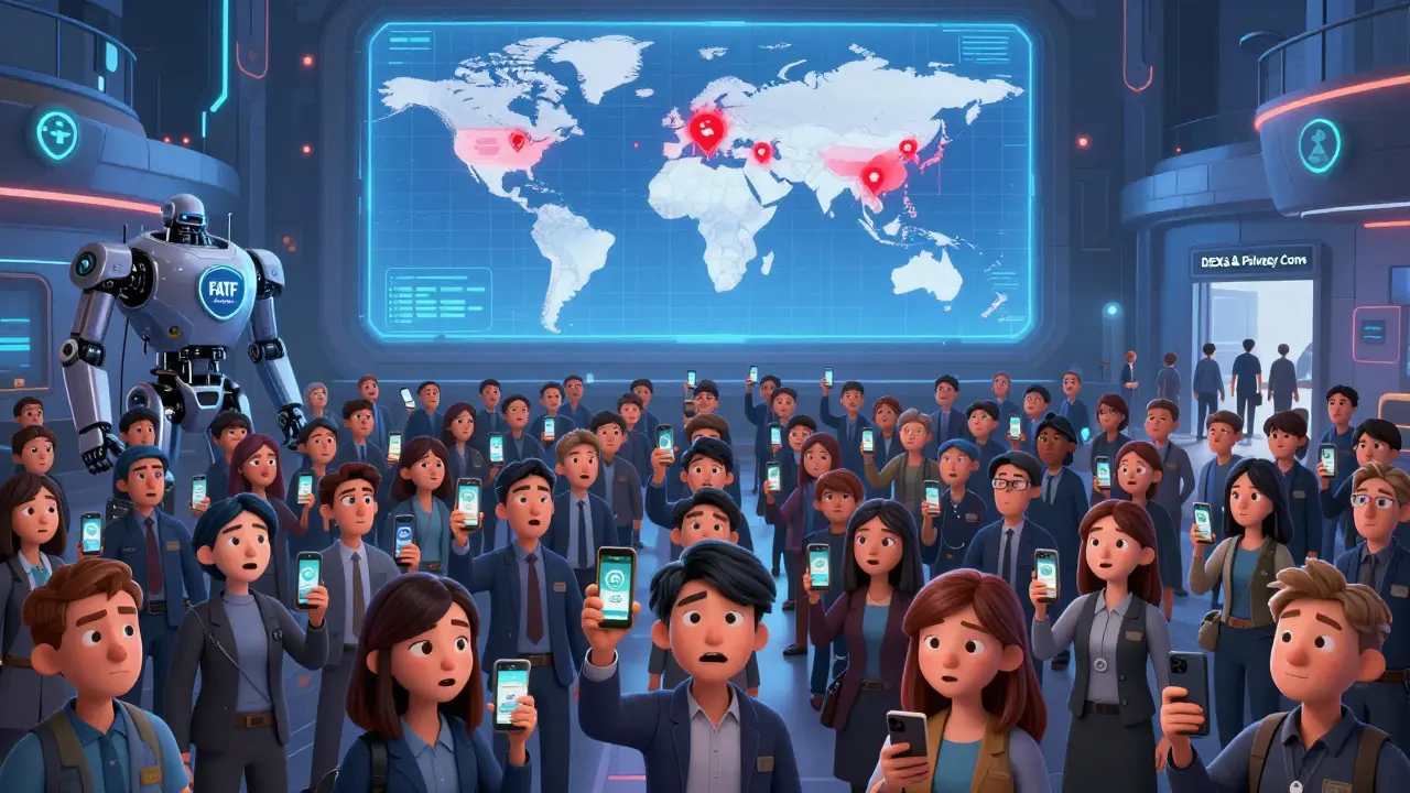 Crowds of users being scanned by regulatory robots in a futuristic crypto exchange lobby.