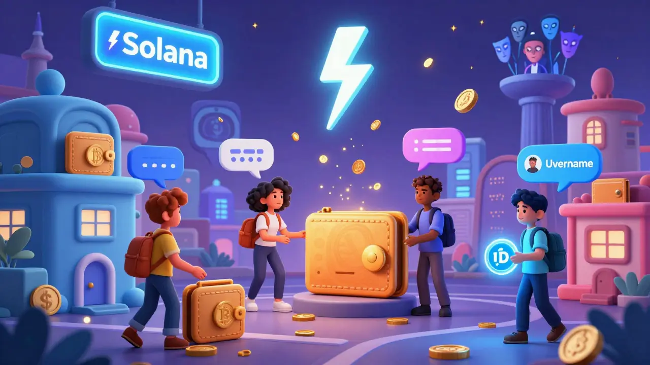 Diverse avatars interacting in a digital town featuring Username DIDs, TOMI payments, and Solana's lightning bolt in the sky.
