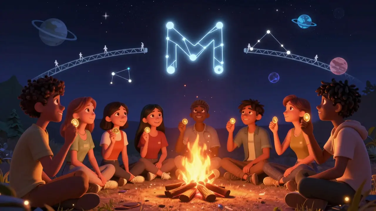 Diverse users gather around a campfire of blockchain nodes, gazing at a sky shaped like the Monsoon logo.