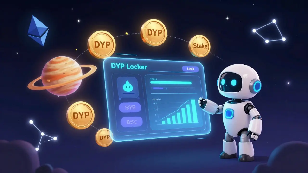 DYP tokens orbiting a futuristic DeFi dashboard with a robot guide, set against a cosmic backdrop of blockchain logos.