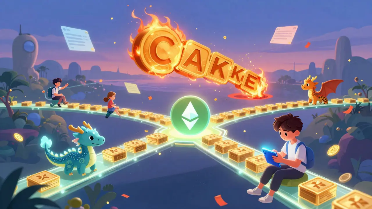 Multi-chain DeFi bridges made of CAKE tokens, with a burning token symbolizing deflation and users connecting wallets.