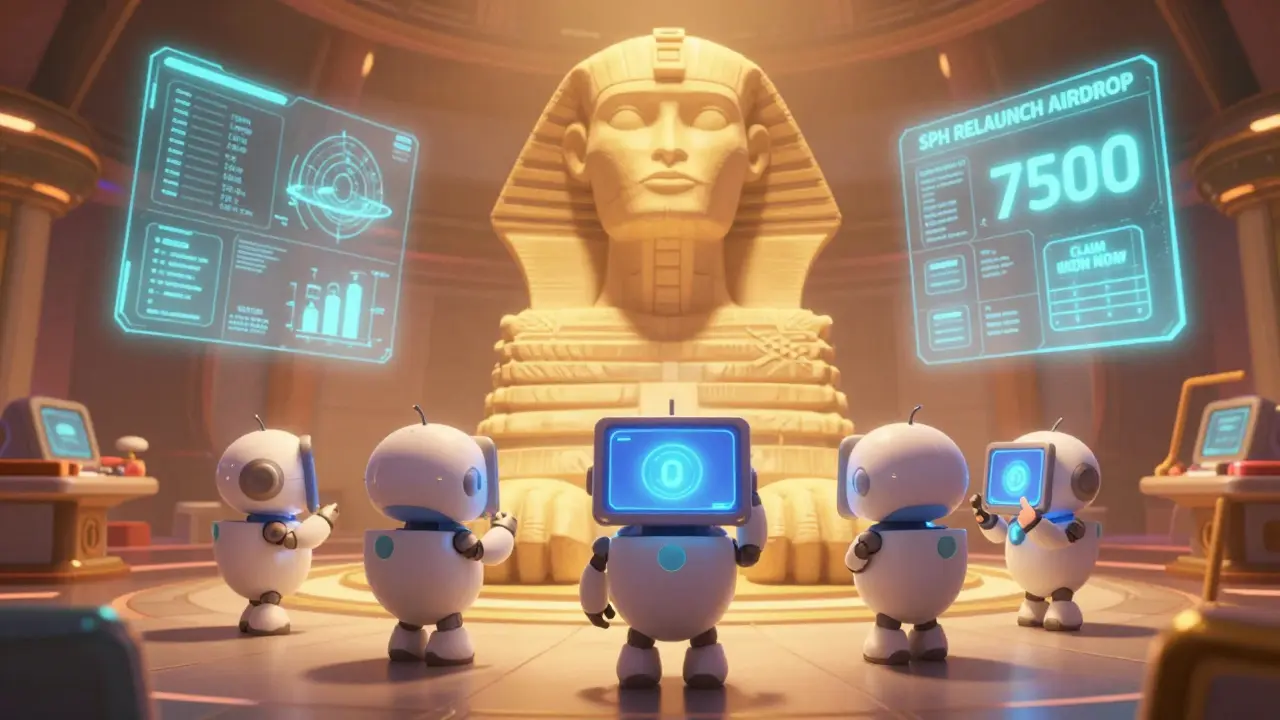 Robotic assistants activate a countdown for the SPH relaunch airdrop inside a Sphinx-shaped control room.