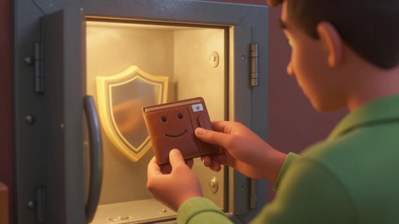 Trader placing hardware wallet into secure vault with shield symbol.