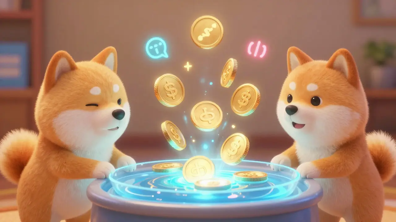 Two characters adding tokens to a shimmering pool with floating math symbols.