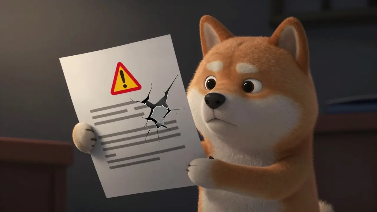 Worried Shiba Inu holding a cracked document with red warning symbol.