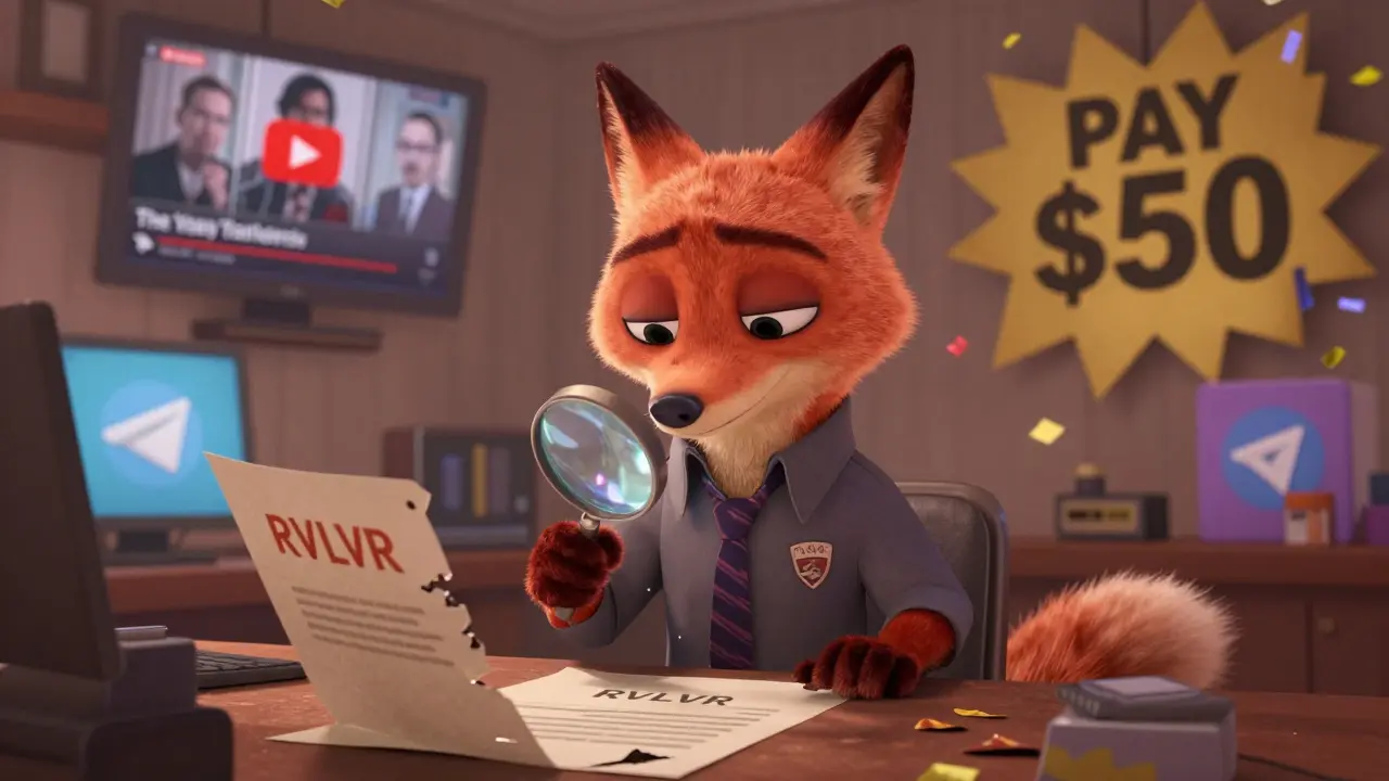 A cartoon fox investigating a crumbling RVLVR contract as scams explode in the background.