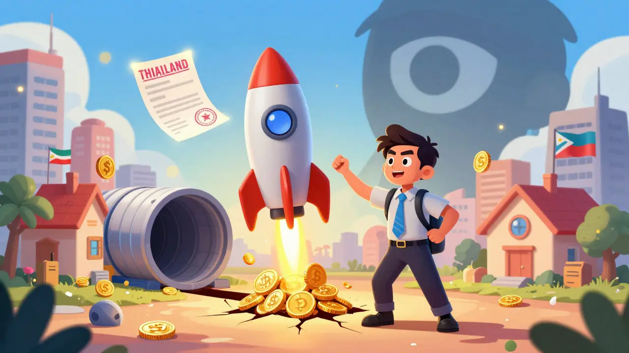 A cartoon VPN rocket launches from the U.S. to a foreign country, carrying a glowing passport as Bybit watches overhead.