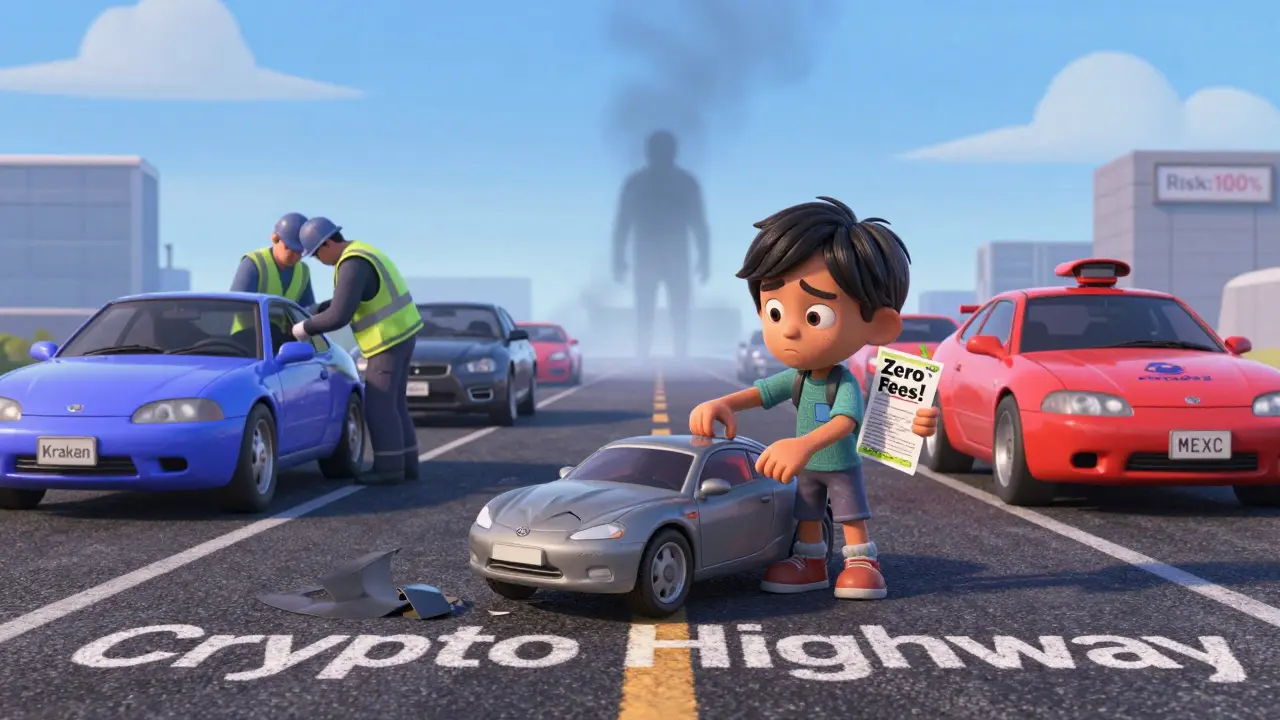 A child's toy car labeled 'VaporDex' breaks down on a road while other regulated exchanges run smoothly.