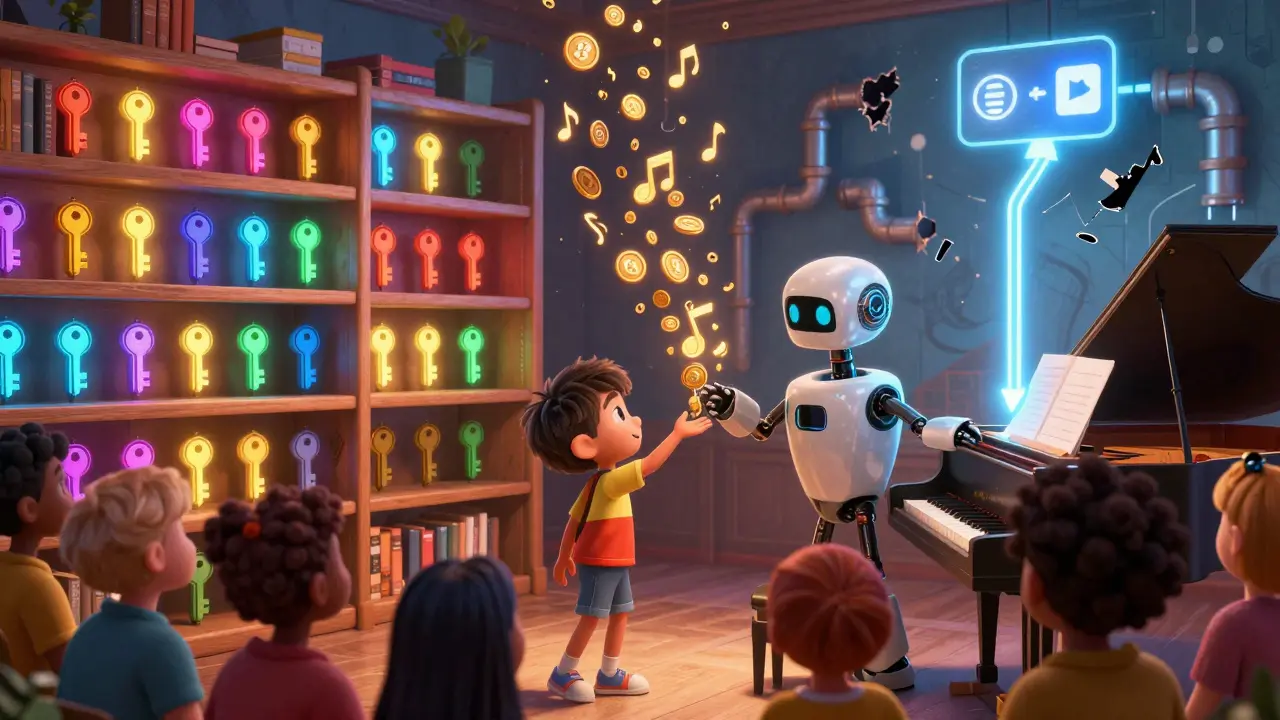 A child gives a NFT key to a robot, unlocking a cascade of musical notes that turn into coins raining on listeners.