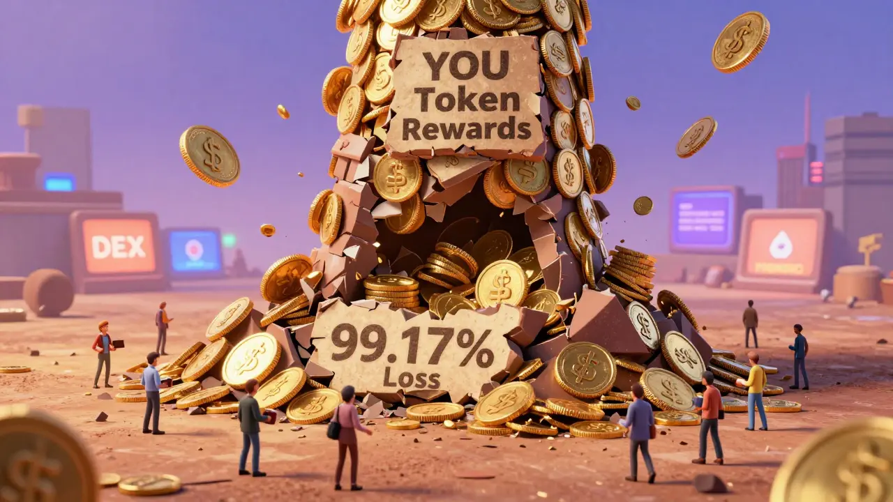 A collapsing tower of tokens labeled '99.17% Loss' as users walk away toward safer alternatives.
