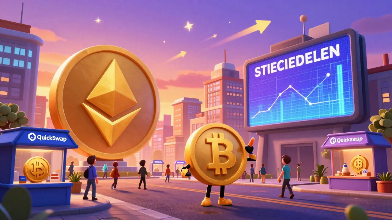 A colorful DeFi city with Bitcoin and Ethereum buildings, citizens holding GFI tokens as Bitcoin reserves rise on a digital scoreboard.