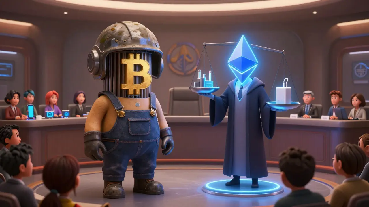 A courtroom scene where a Bitcoin miner faces off against an Ethereum validator, judged by a blockchain node, in Pixar-style animation.