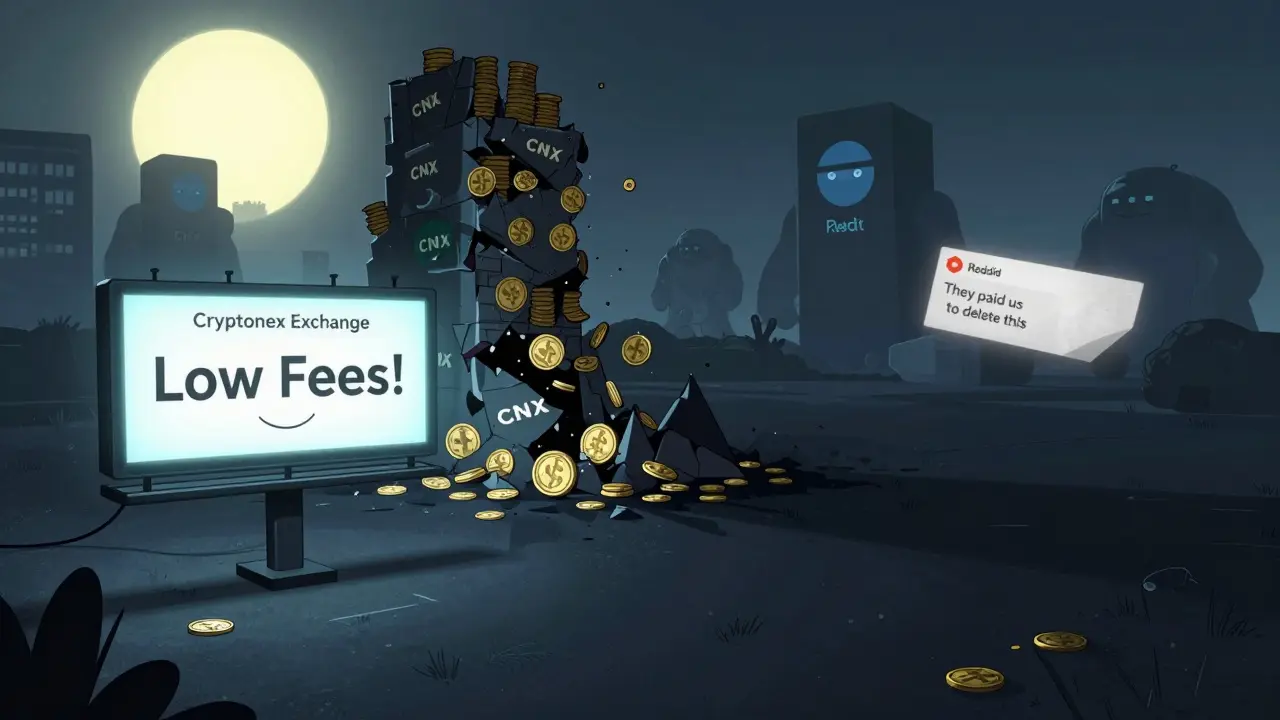 A crumbling CNX token tower collapses behind a fake 'Low Fees!' billboard, while regulated exchanges stand strong in the distance.