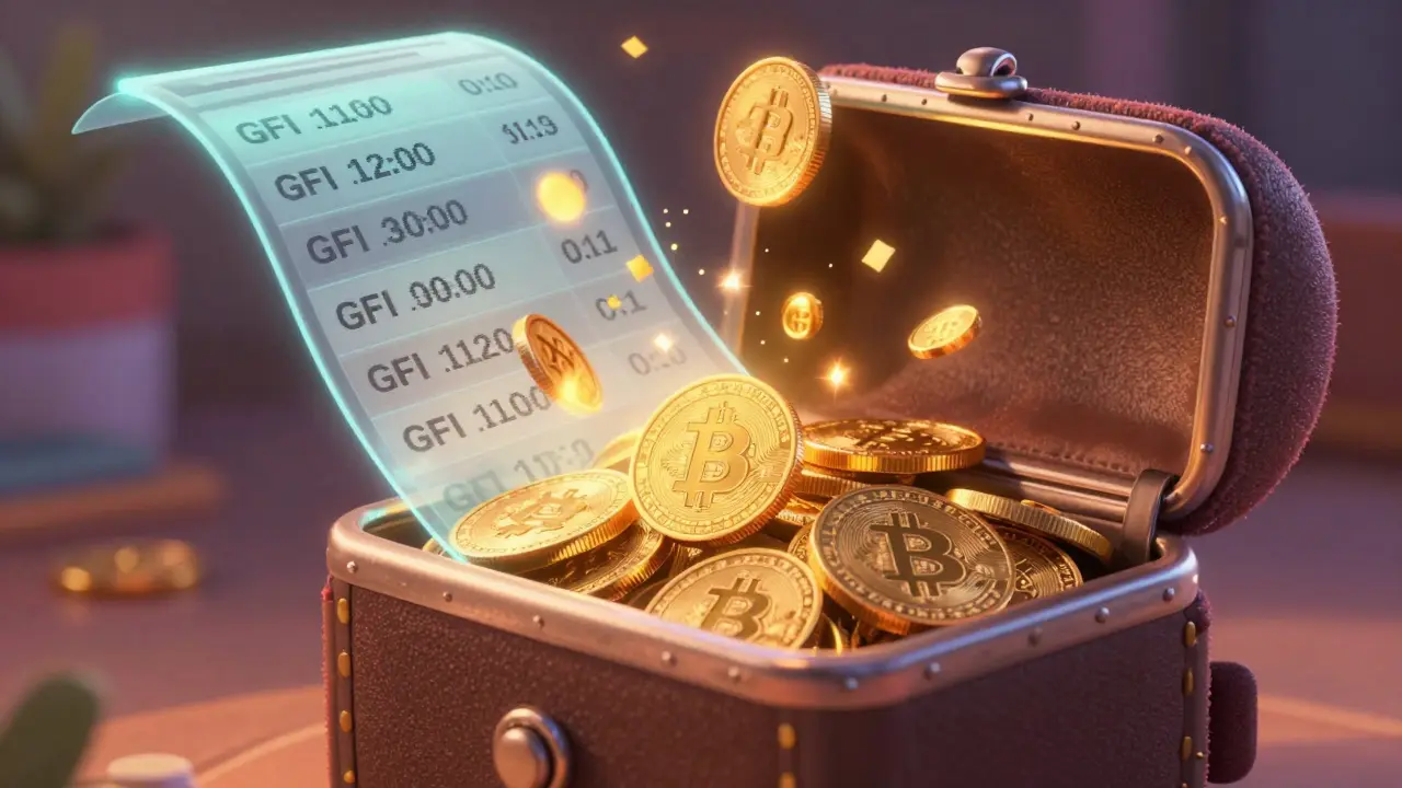 A cute wallet opens to reveal Bitcoin coins as GFI tokens burn into golden light against a blockchain ledger.