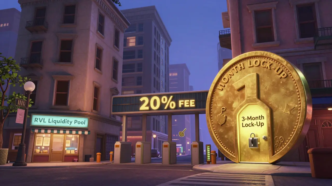 A dark financial city with one flickering RVL shop, blocked by a 20% fee booth and a locked 3-month door.