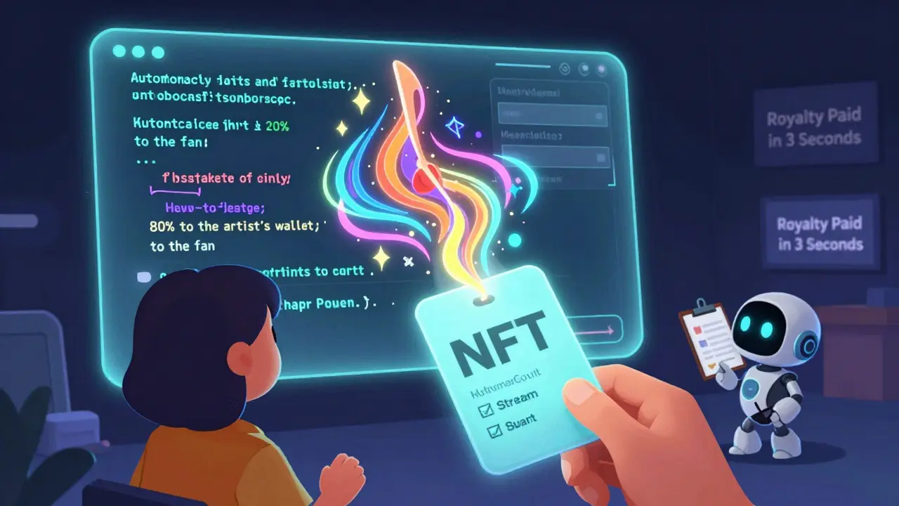 A fan uses a glowing NFT backstage pass to unlock a floating song, with a smart contract splitting royalties automatically.