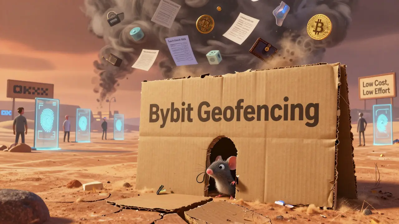 A flimsy cardboard wall labeled 'Bybit Geofencing' cracks open as a mouse peers through, while frozen accounts swirl in the background.