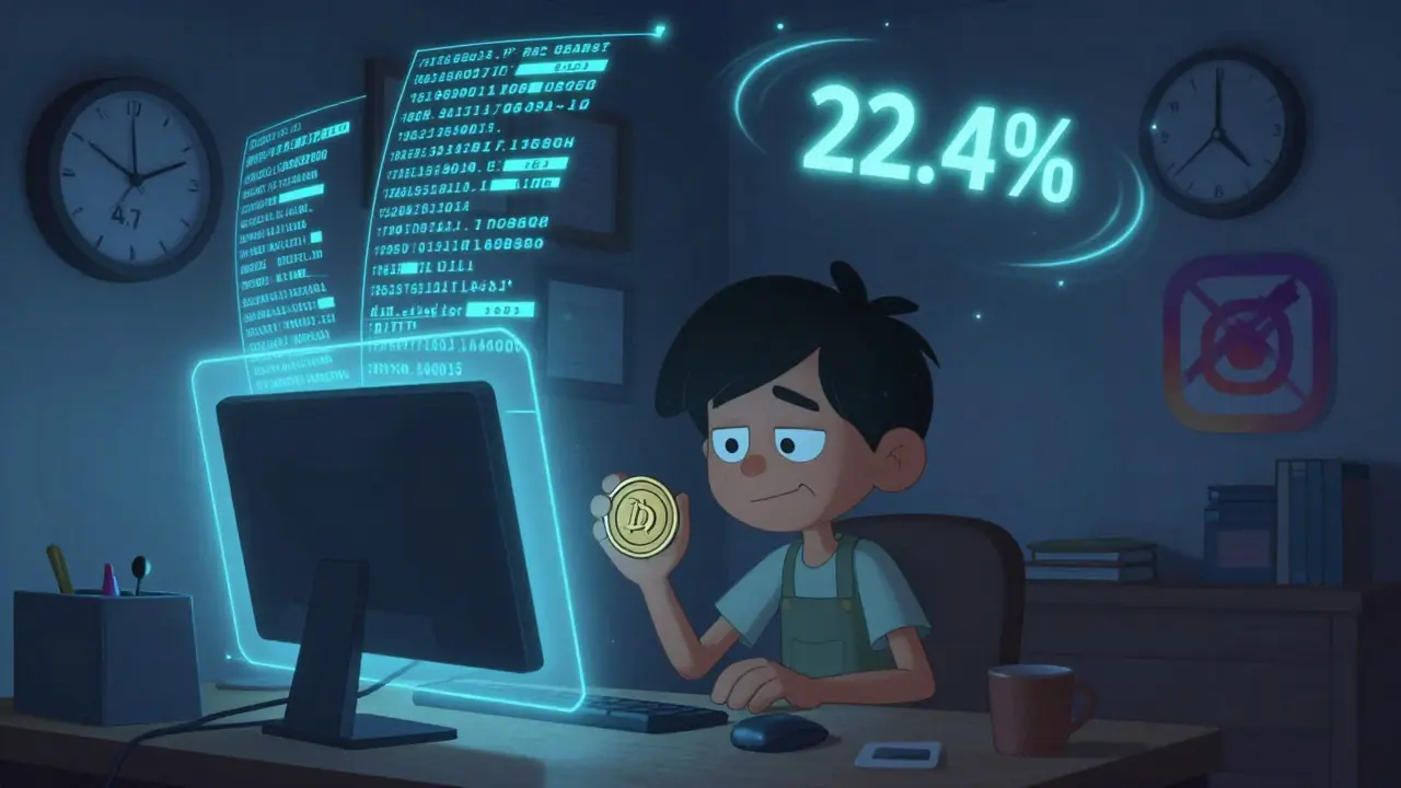 A freelancer sends transaction data to a central bank portal while interest rates hover nearby.