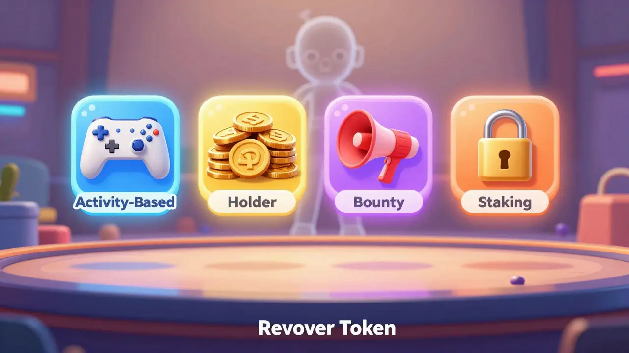 A gaming dashboard with four interactive airdrop types floating above an empty Revolver Token game interface.
