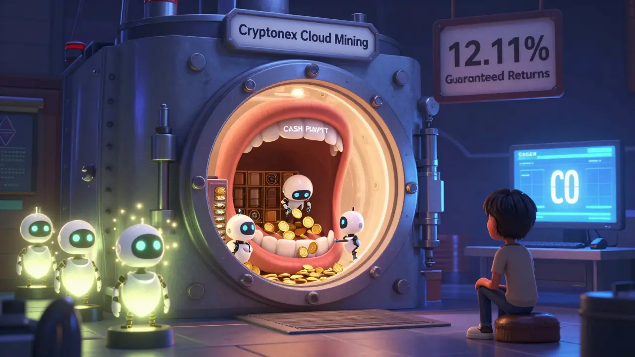A glowing vault promising 12.11% returns, but inside, robots feed coins into a mouth labeled 'CASH PAYOUT' while real staking networks shine nearby.