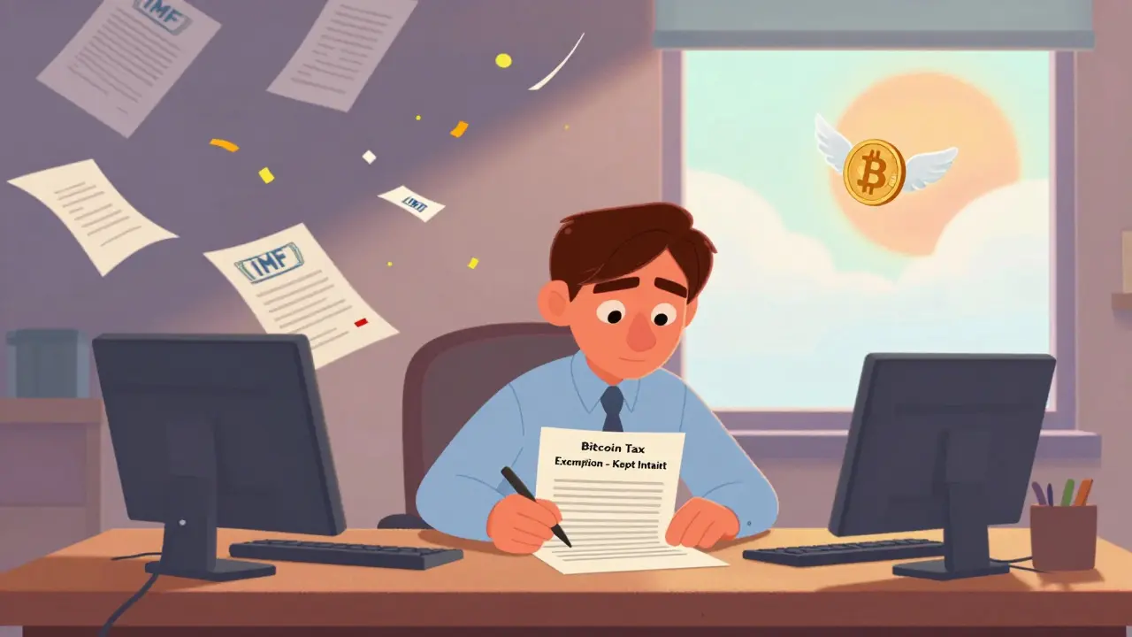 A government official signing a document that preserves Bitcoin's tax exemption as IMF papers dissolve into confetti.