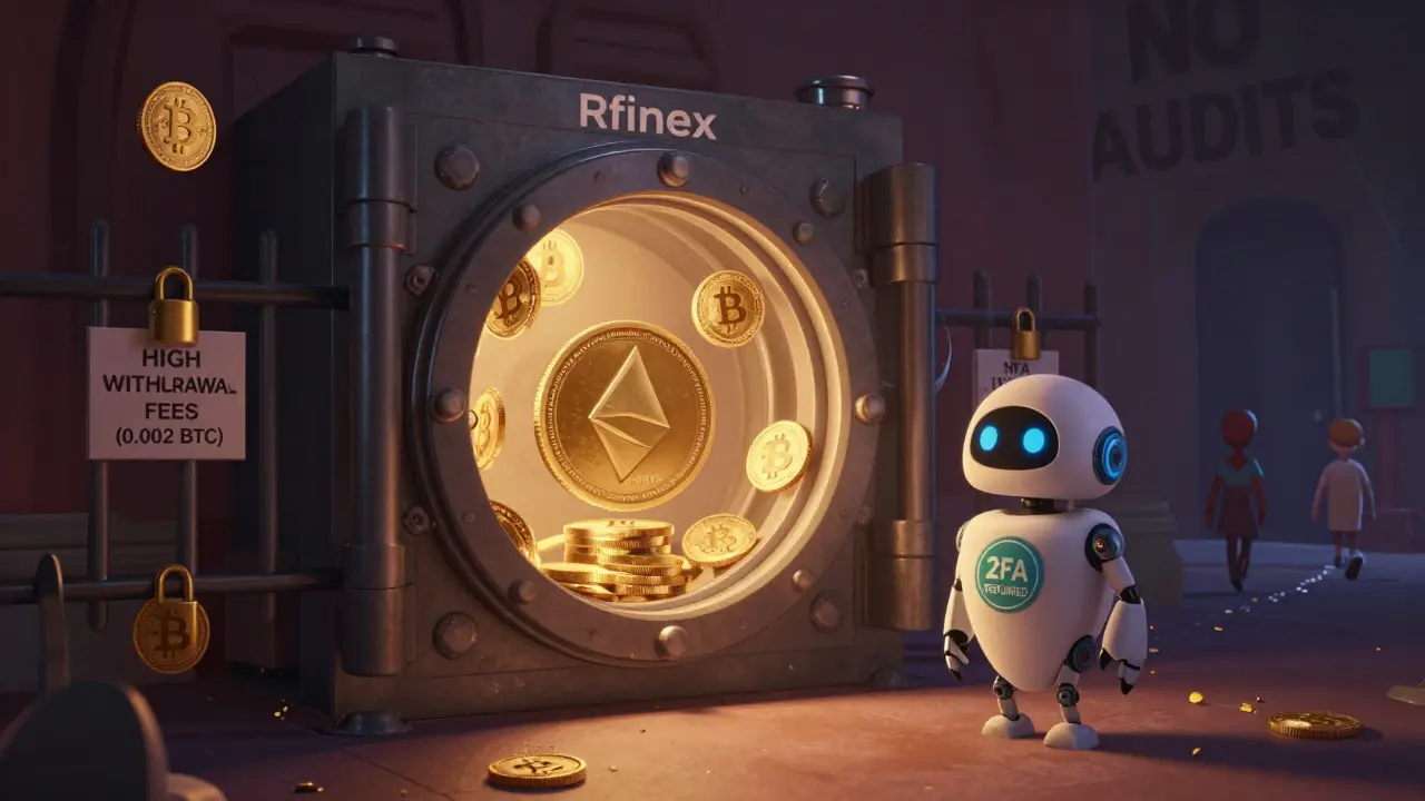 A locked vault holding only ETH while Bitcoin and USDT coins are barred outside, guarded by a 2FA robot under a shadowy 'NO AUDITS' sign.