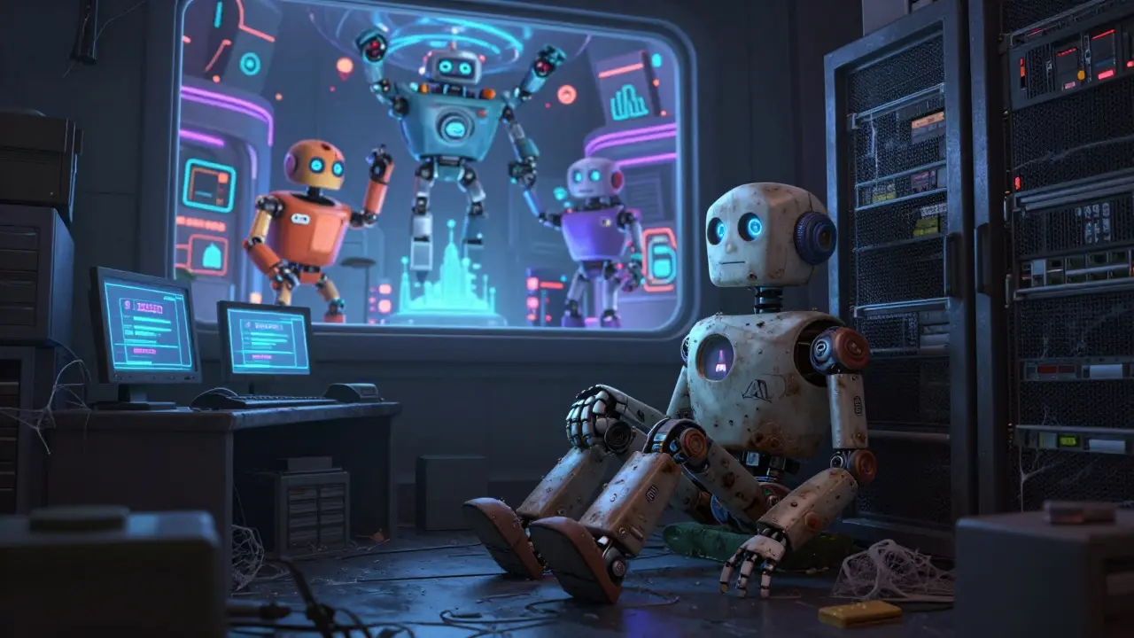 A lonely robot sits in a dark server room with a low price on screen, while active robots build outside.