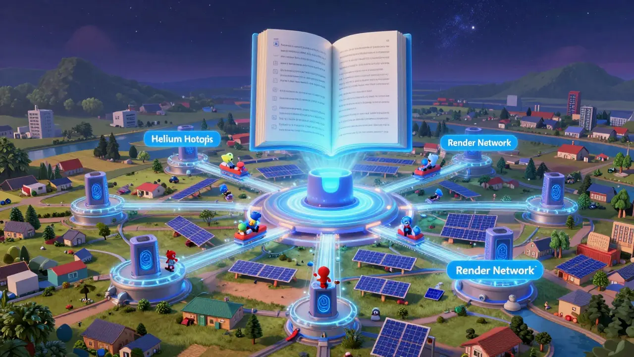 A map of decentralized infrastructure with hotspots, GPUs, and solar panels linked by glowing data streams.