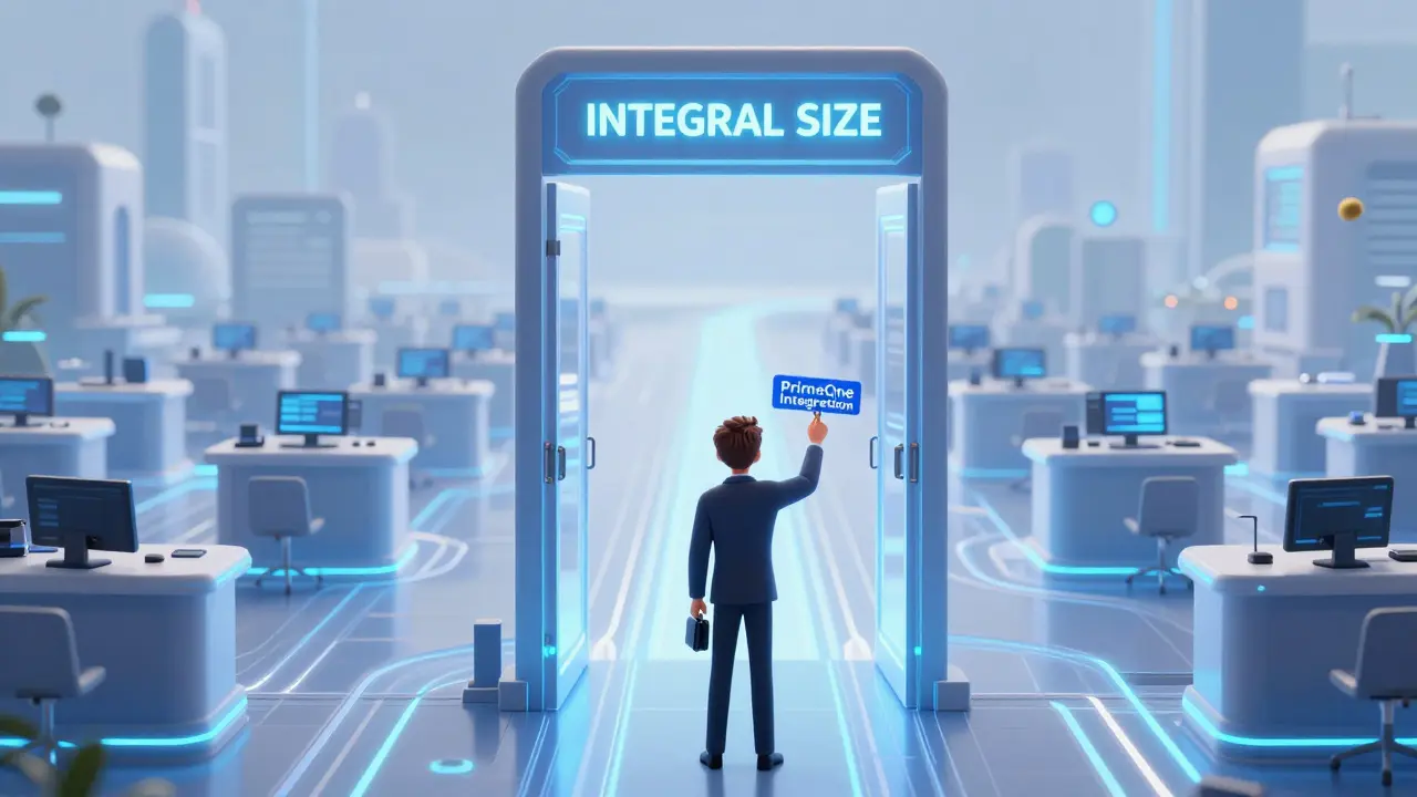 A professional trader opens a door to Integral SIZE, revealing a serene on-chain liquidity network powered by institutional systems.