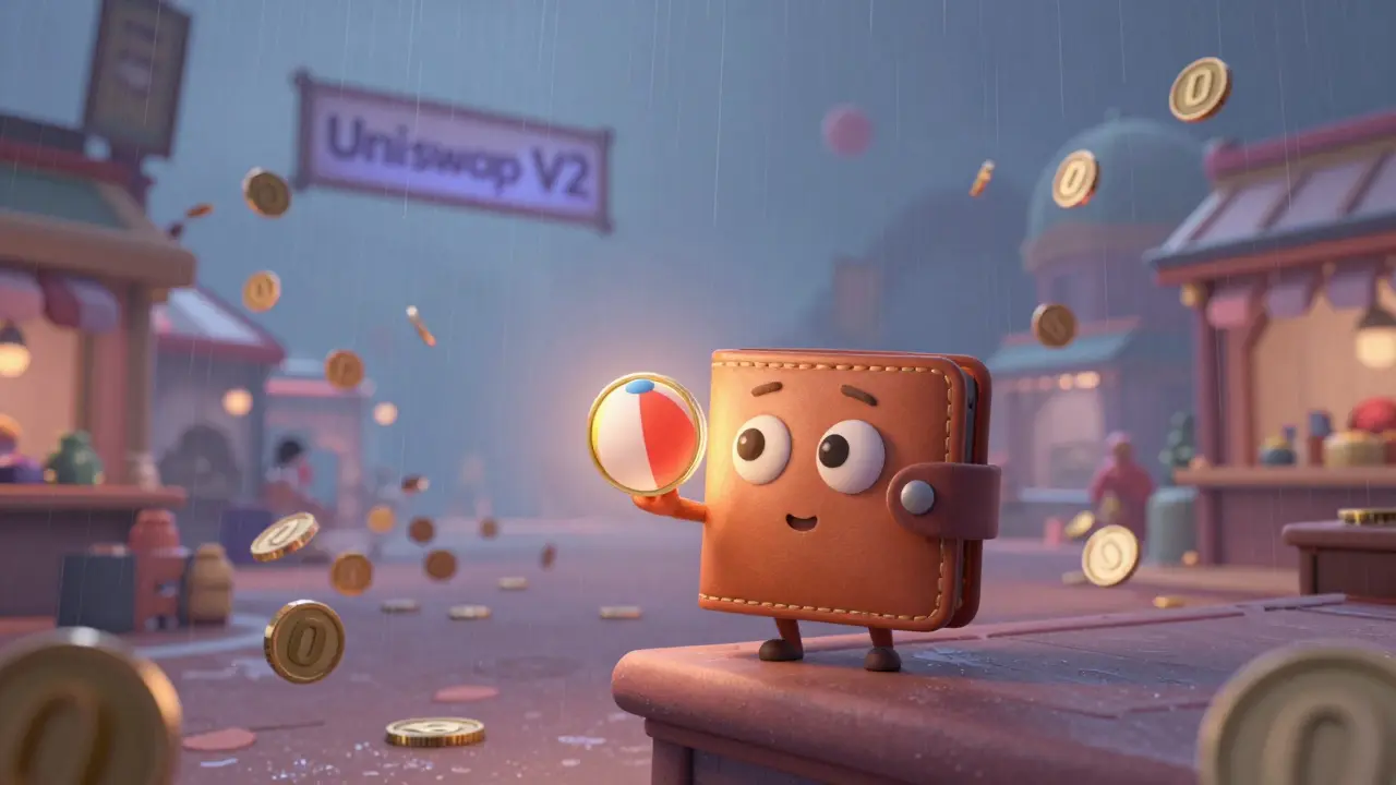 A small wallet holding a giant MOJO token in an empty crypto marketplace under fading stars.