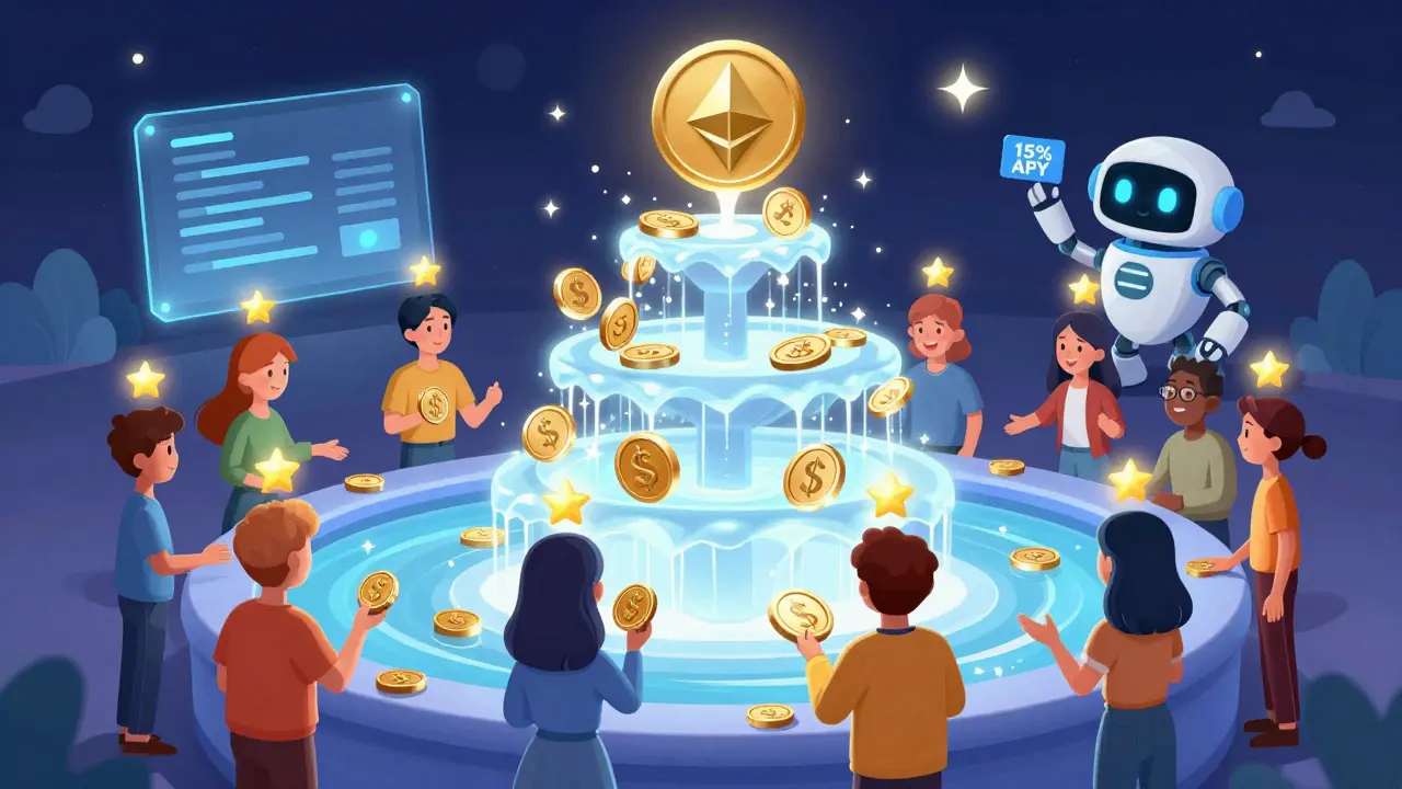 A sparkling liquidity pool with users adding tokens and earning reward stars, illuminated by smart contract glow.