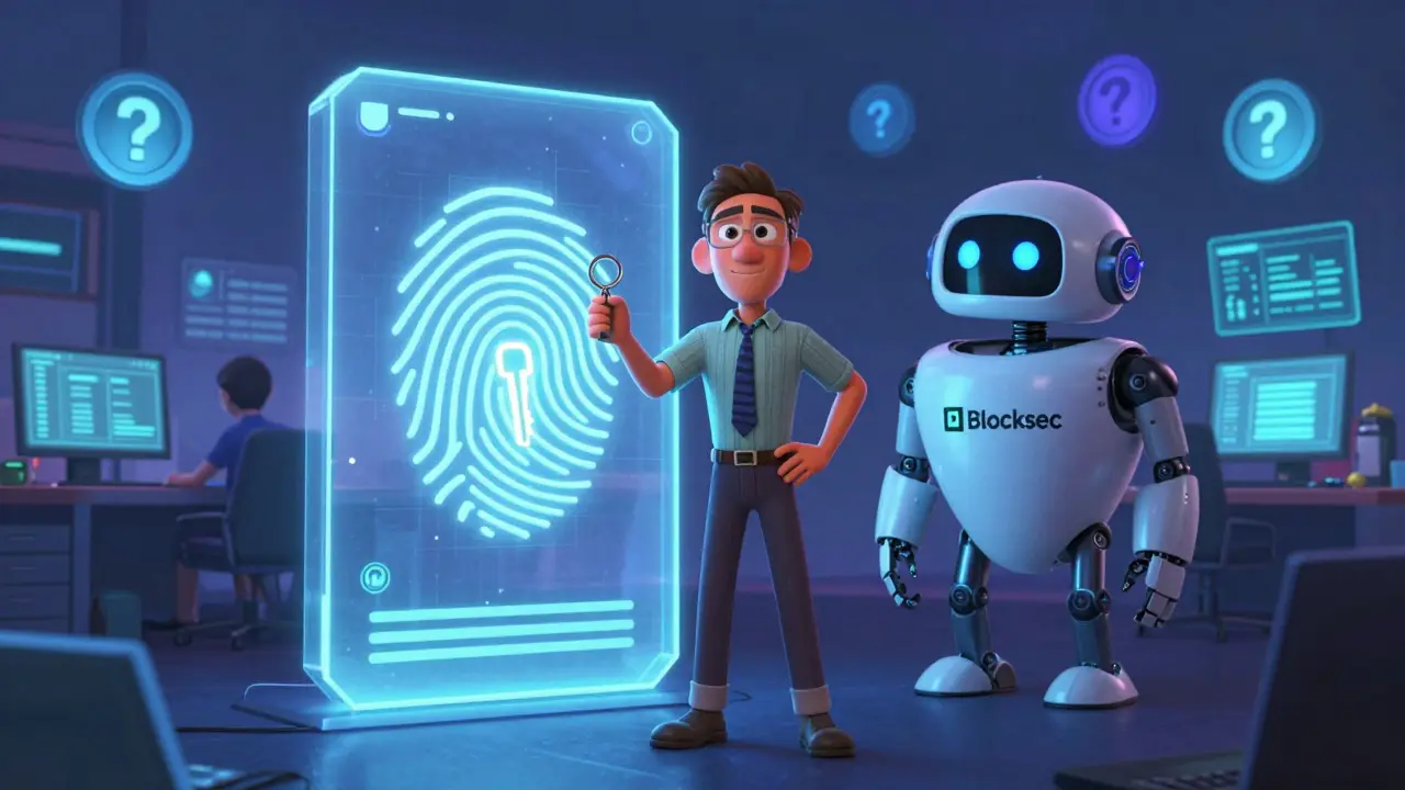 A trader holds a biometric passkey while a robot audits a transparent smart contract in a digital ecosystem.