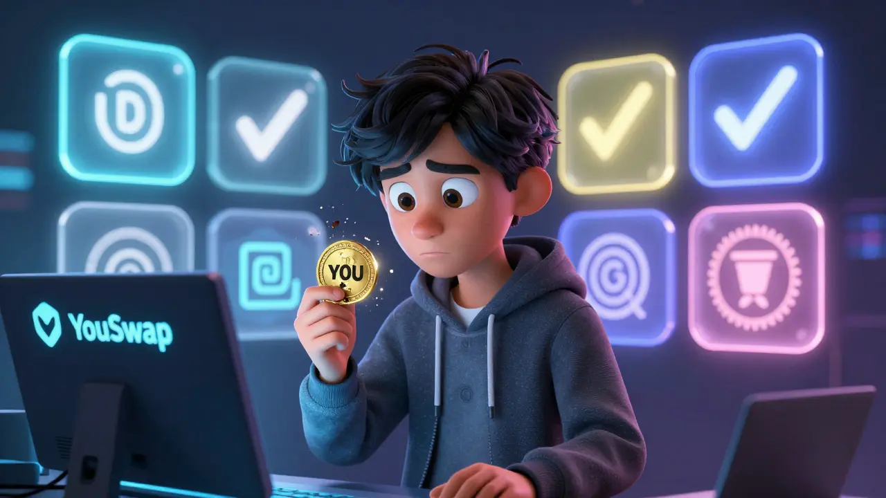 A trader watching a YOU token crumble while other secure DEX platforms glow confidently in the background.