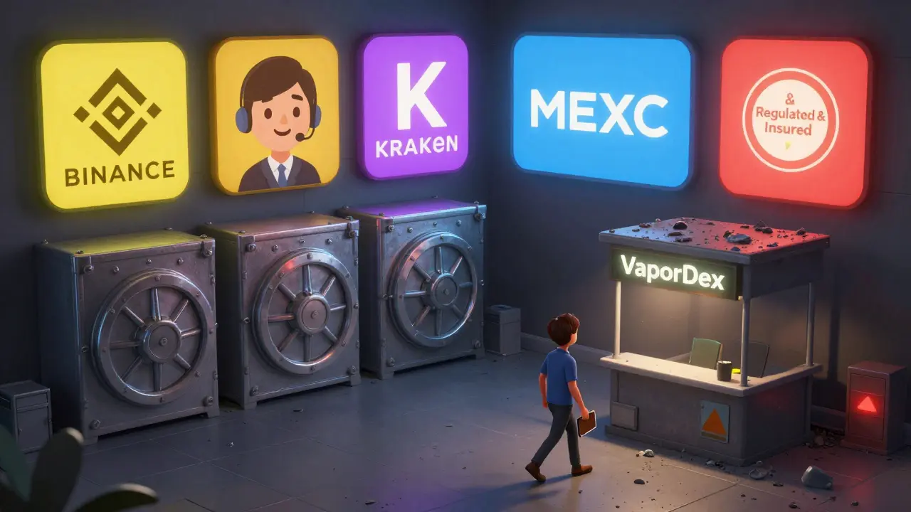 A vibrant crypto exchange hub with trusted platforms contrasted against a lonely, dusty VaporDex booth.
