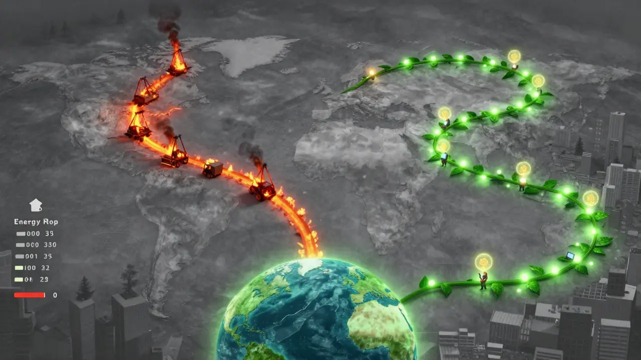 A whimsical map contrasting a smoky mining path with a green, glowing staking vine, showing global energy impact in Pixar style.
