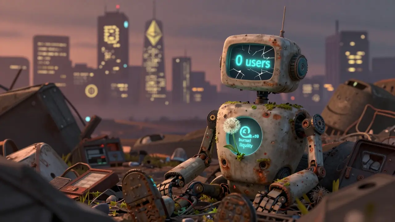An abandoned MOJO robot in a crypto junkyard with a dandelion growing from its chest.
