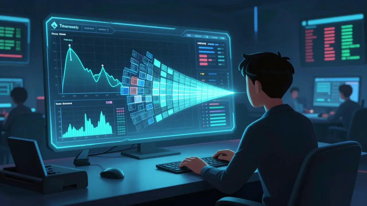 An elite institutional trading desk monitors holographic TWAP execution paths, while chaotic public DEXs buzz in the background.