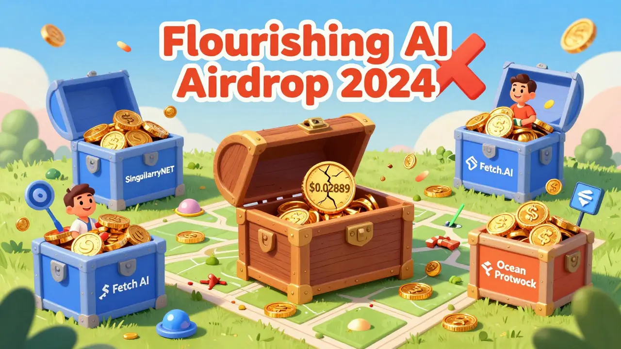 An empty treasure chest labeled 'Flourishing AI' lies beside full chests of legitimate AI crypto projects.