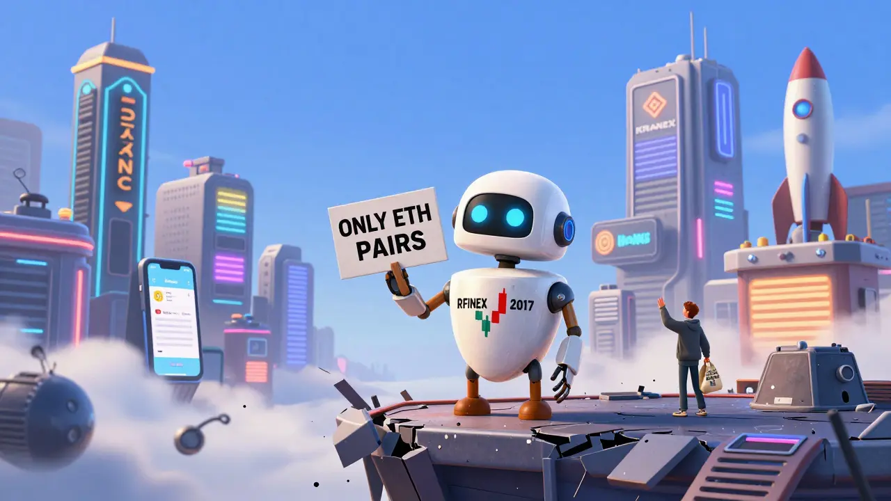 An outdated Rfinex robot standing alone as modern crypto exchanges tower nearby, with a user walking away carrying a bag labeled 'high withdrawal fees'.