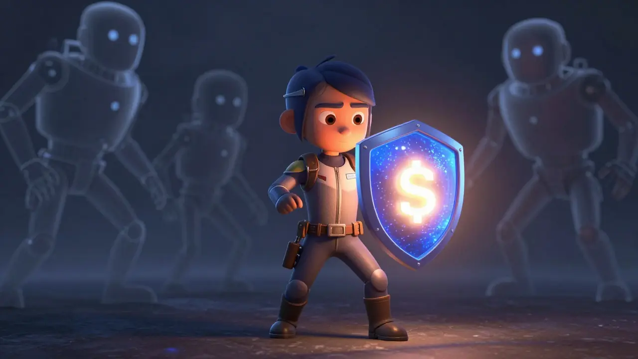 Animated character guarding energy sphere with shield from shadows