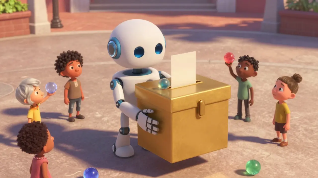 Animated characters placing colorful crystals into a ballot box for voting.