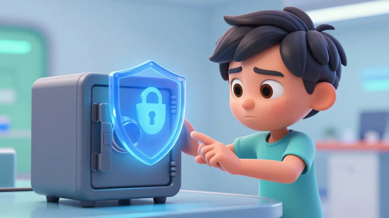 Cartoon figure securing a digital vault with a protective shield.