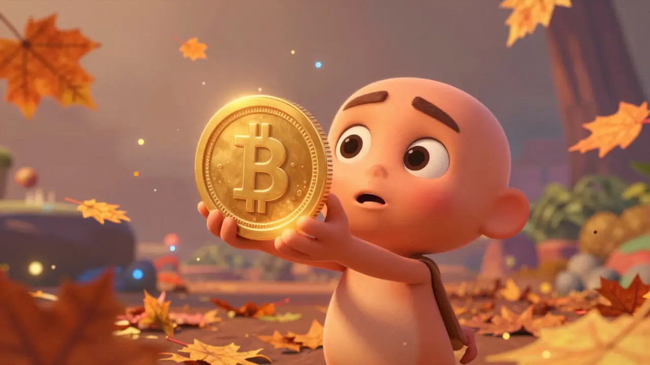 Character holding a glowing digital coin surrounded by autumn leaves.