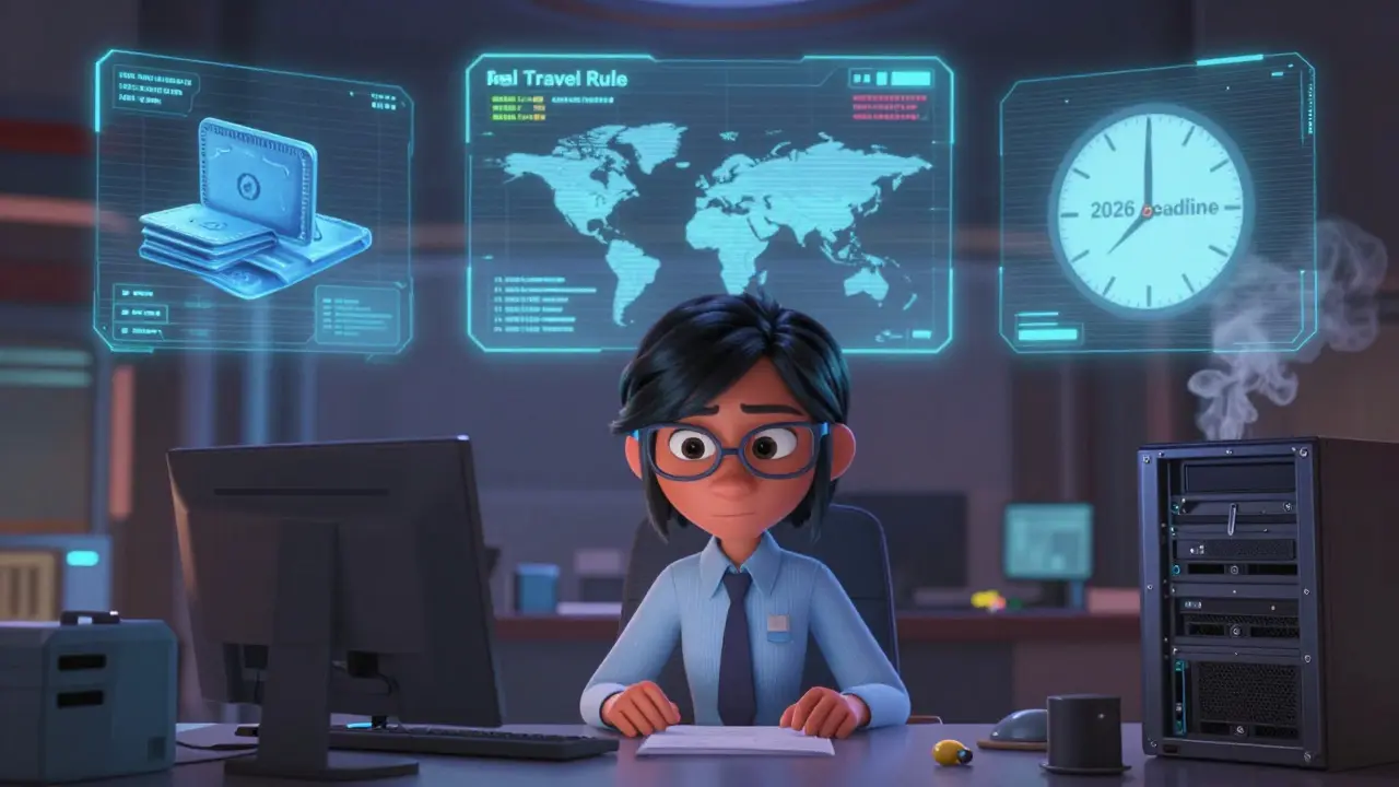 Compliance officer surrounded by holograms of crypto regulations and a ticking deadline.